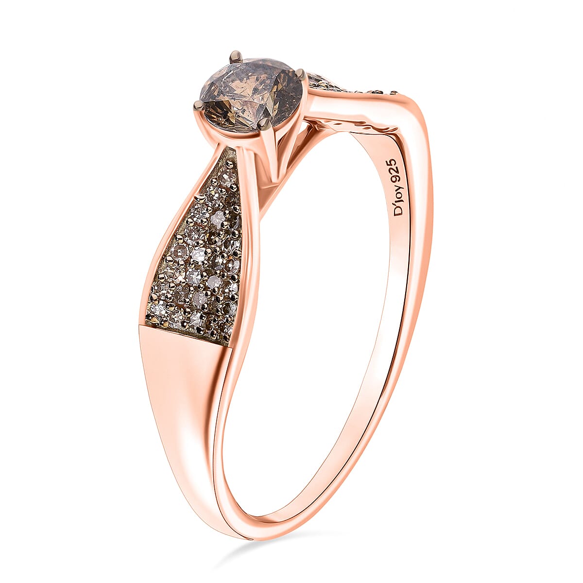Natural Champagne Diamond (0.50cts Center) Ring in Vermeil Rose Gold Plated Sterling Silver 0.73 Ct.