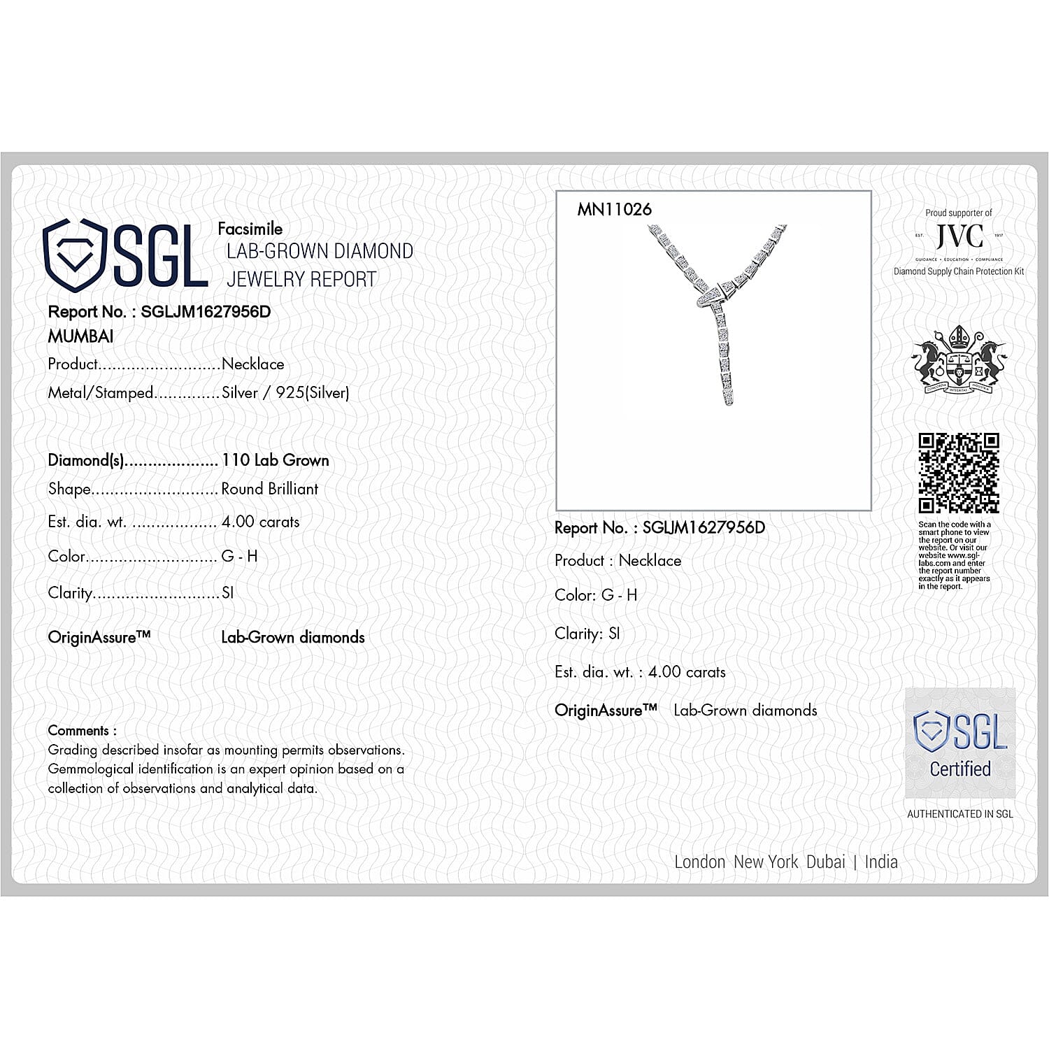 Designer Inspired Luxuriant - SGL Certified Lab Grown Diamond (SI-GH) Serpent Necklace (Size 18.50) in Platinum Overlay Sterling Silver 4.00 Ct, Silver Wt. 28.70 Gms.