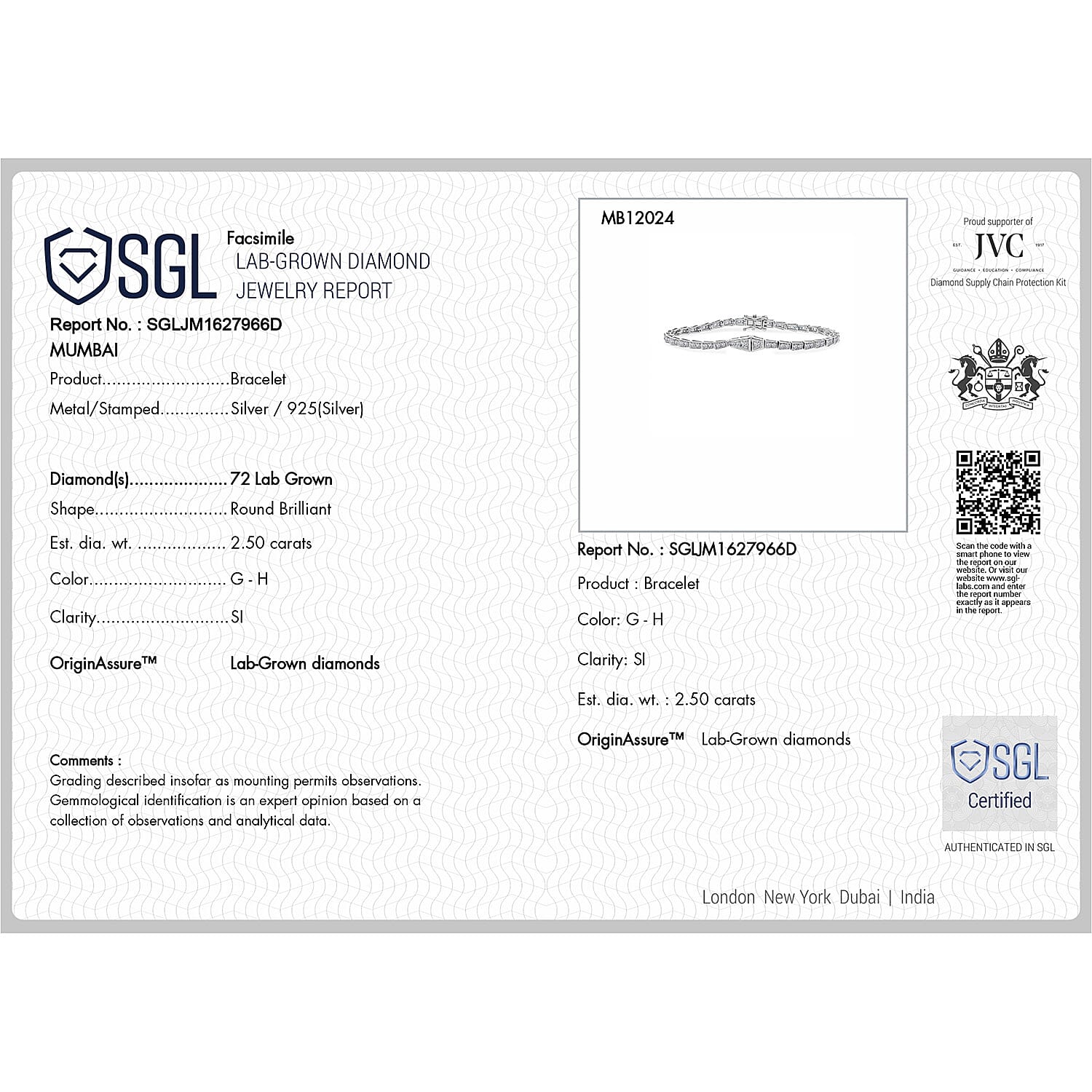 Designer Inspired Luxuriant - SGL Certified Lab Grown Diamond (SI-GH) Bracelet (Size 7.5) in Platinum Overlay Sterling Silver 2.50 Ct, Silver Wt. 8.00 Gms.