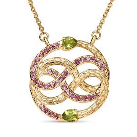 GP Serpentine Collection - Peridot, Blue Sapphire & Lotus Garnet Necklace (Size - 20) in 18K Vermeil Yellow Gold Plated Sterling Silver 1.72 Ct, Silver Wt.6.16 Gms.
