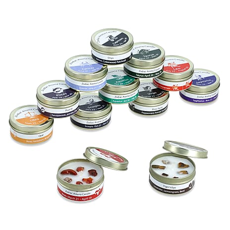 Set of 12 Zodiac Sign Scented Gemstone Candles - Vanilla, Jasmine, Rose & Lemongrass
