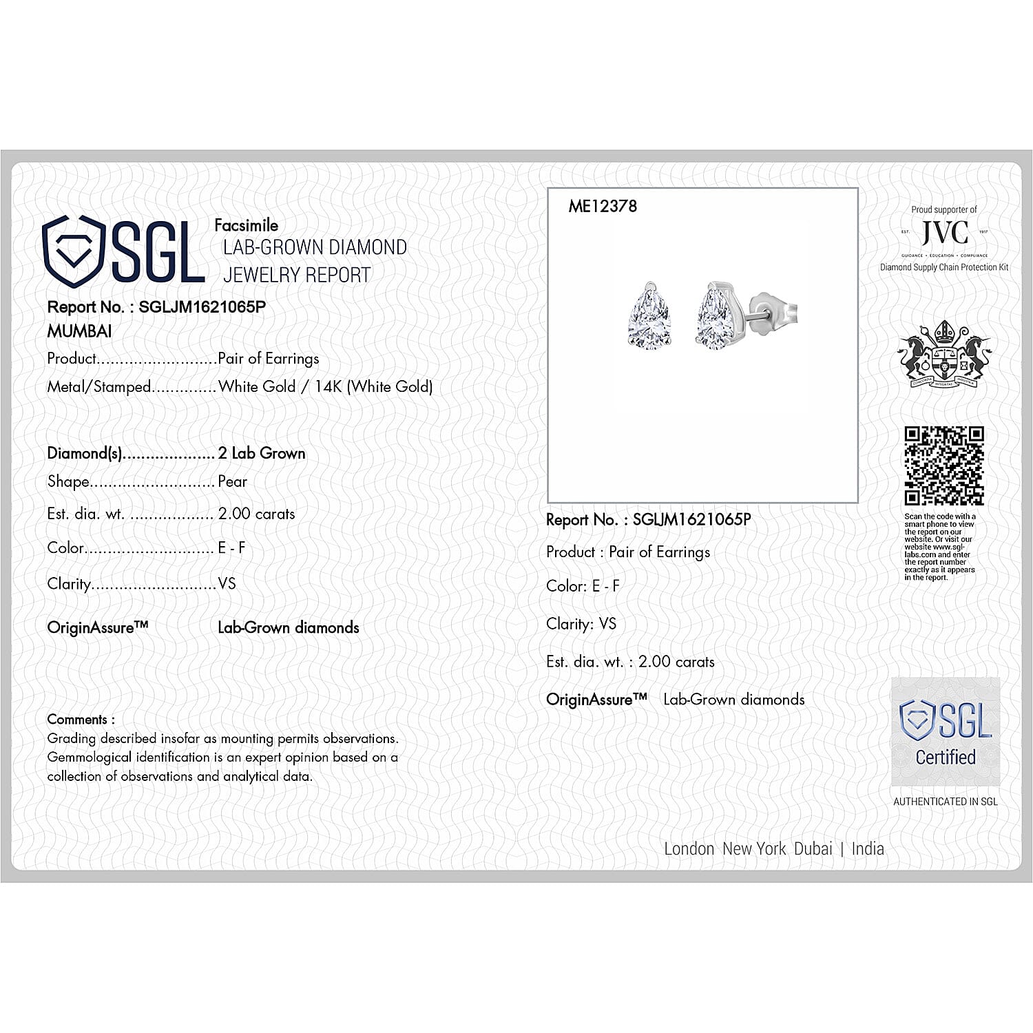 Luxuriant Diamond 14K W Gold VS Lab Grown Diamond EF, VS Earring, Gold Wt.0.9 Gms 2.000 Ct. Luxuriant Diamond 14K W Gold VS Lab Grown Diamond EF, VS Earring, Gold Wt.0.9 Gms 2.000 Ct.