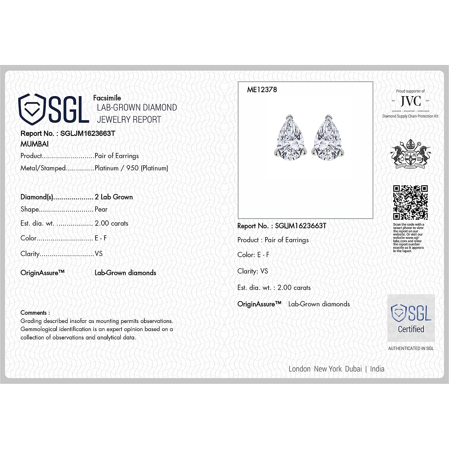 LUXURIANT 2 Ct. Lab Grown Diamond Solitaire Stud Earring in 950 Platinum SGL Certified EF, VS