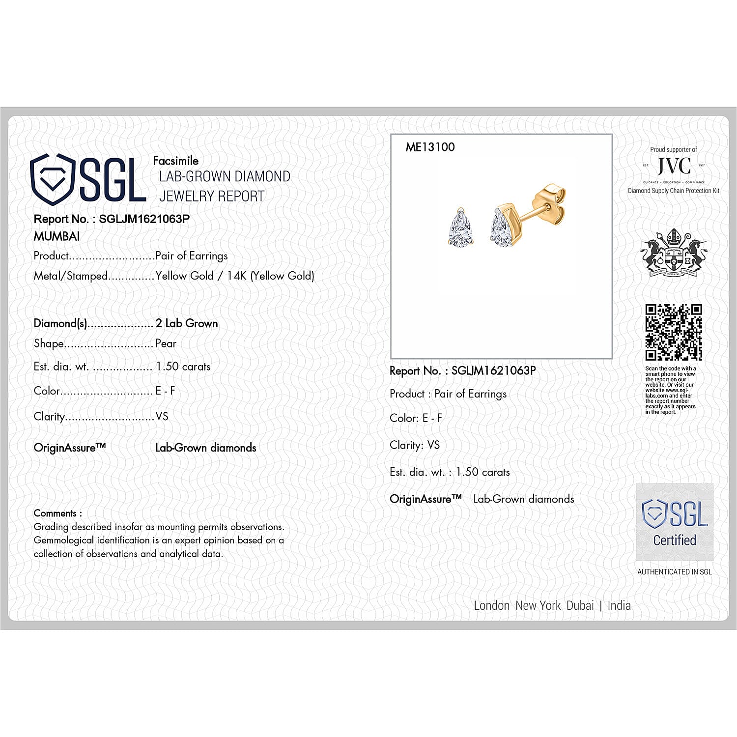 Luxuriant - 14K Yellow Gold SGL Certified Lab Grown Diamond Earring with Screw Back 1.50 Ct.