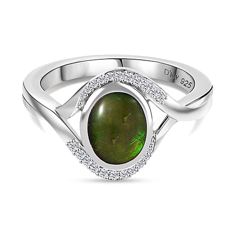 D'joy Ammolite & White Zircon Ring in Rhodium Overlay Sterling Silver 1.20 Ct.