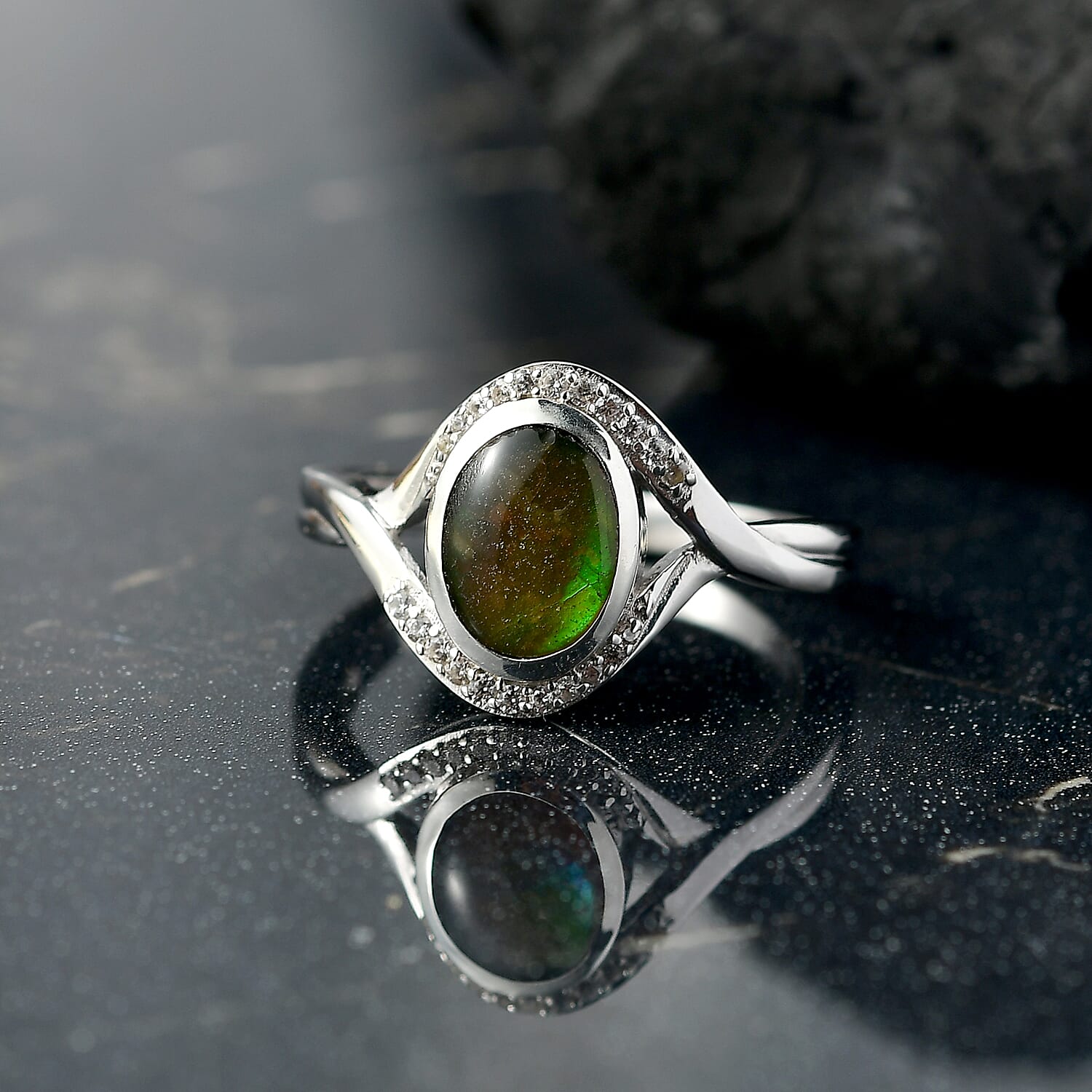 D'joy Ammolite & White Zircon Ring in Rhodium Overlay Sterling Silver 1.20 Ct.