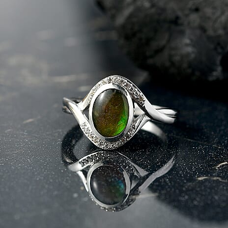 D'joy Ammolite & White Zircon Ring in Rhodium Overlay Sterling Silver 1.20 Ct.
