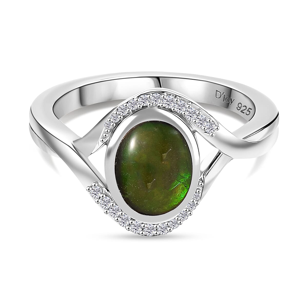 D'joy Ammolite, White Zircon Eye Ring in Rhodium Overlay Sterling Silver 1.20 Ct.
