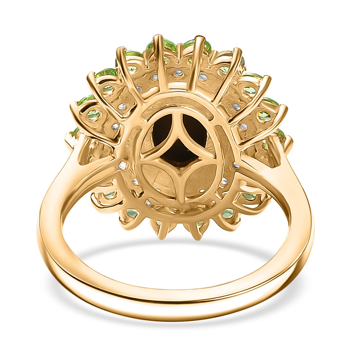 AA Ammolite, Tsavorite Garnet & White Zircon Ring in 18K Vermeil Yellow Gold Sterling Silver 3.38 Ct. AA Ammolite, Tsavorite Garnet & White Zircon Ring in 18K Vermeil Yellow Gold Sterling Silver 3.38 Ct.