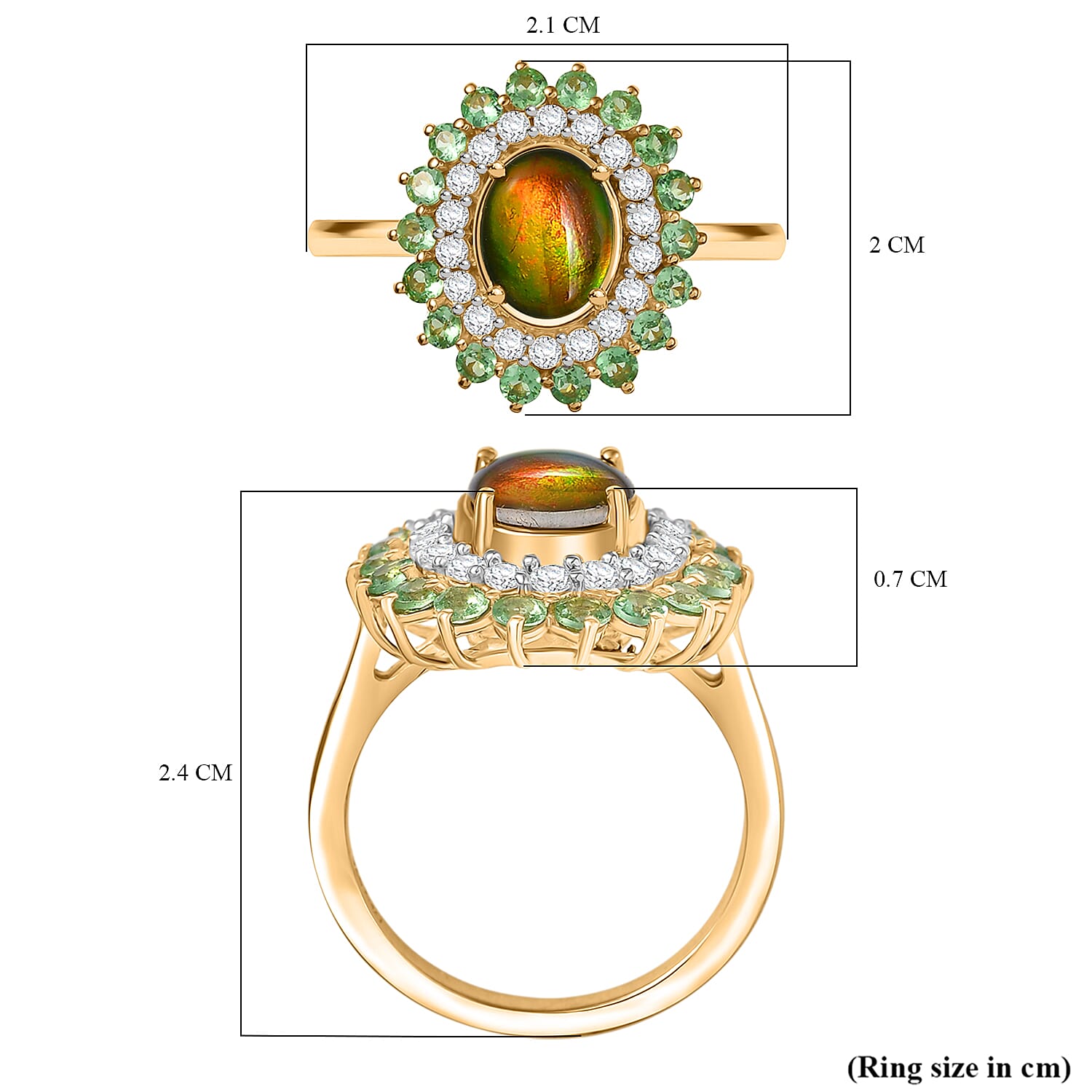 AA Ammolite, Tsavorite Garnet & White Zircon Ring in 18K Vermeil Yellow Gold Sterling Silver 3.38 Ct. AA Ammolite, Tsavorite Garnet & White Zircon Ring in 18K Vermeil Yellow Gold Sterling Silver 3.38 Ct.