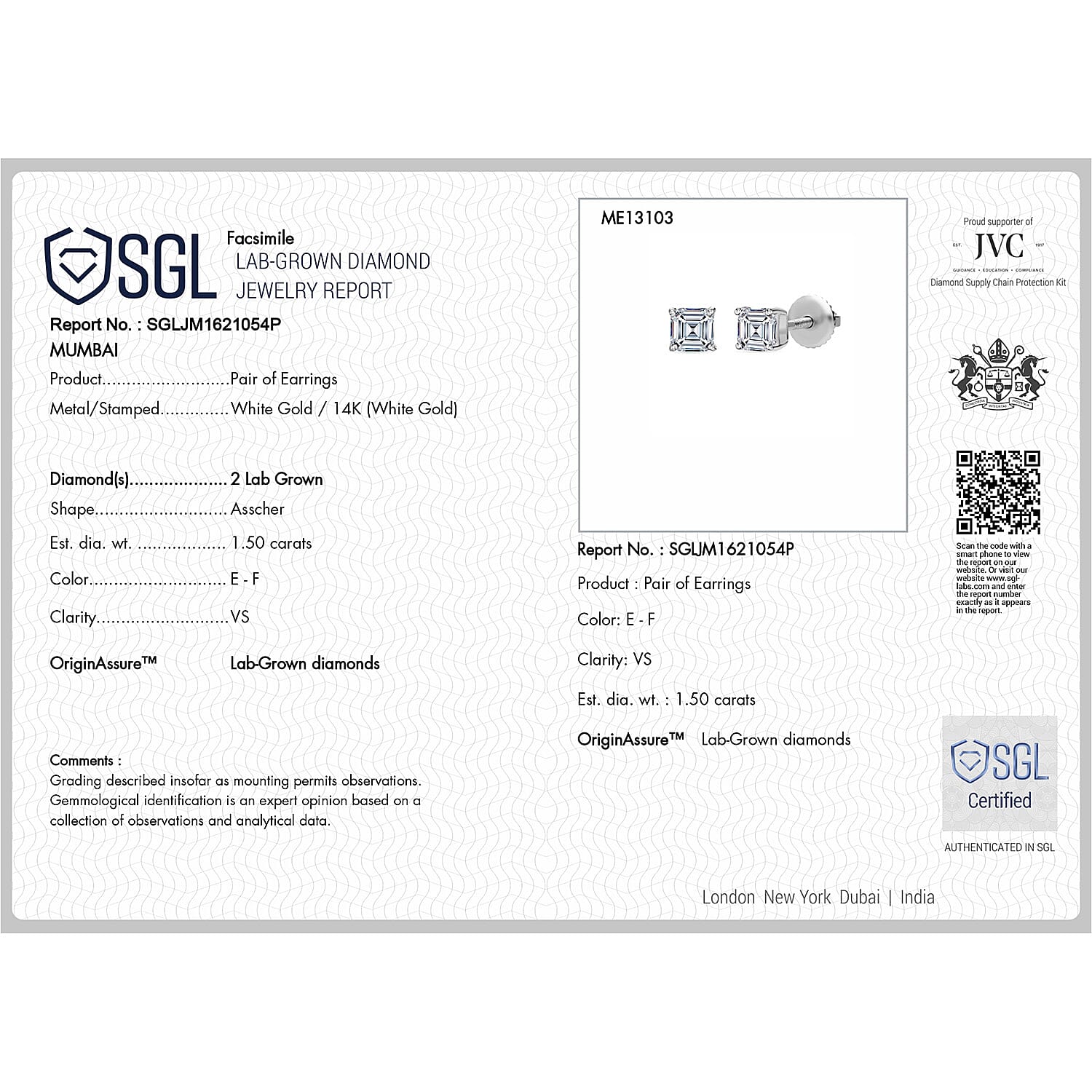 Luxuriant - 14K White Gold SGL Certified Lab Grown Diamond Earring with Screw Back 1.50 Ct.