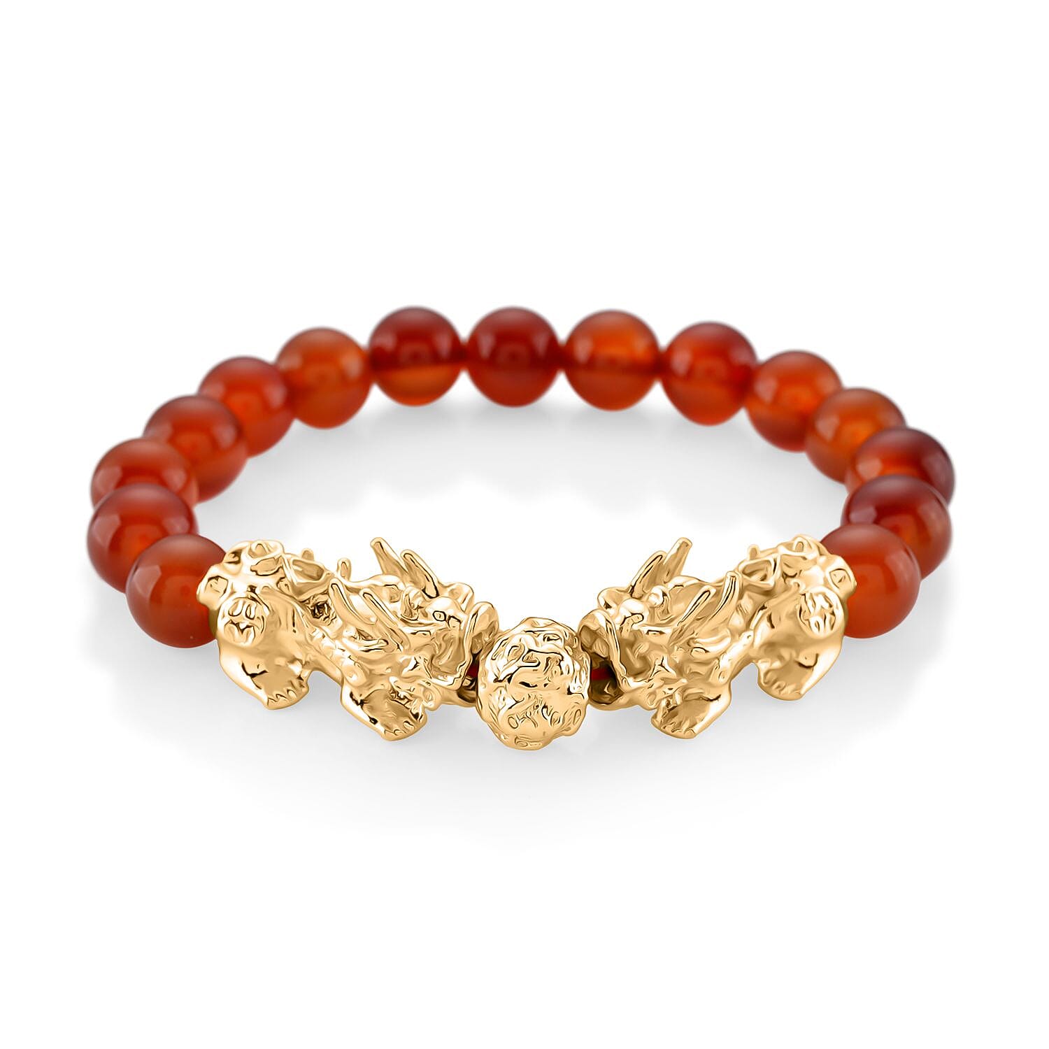 Red Agate Beads & Pixiu Bracelet (Size 7 Streachable) in Yellow Gold Plated 150.00 Ct.