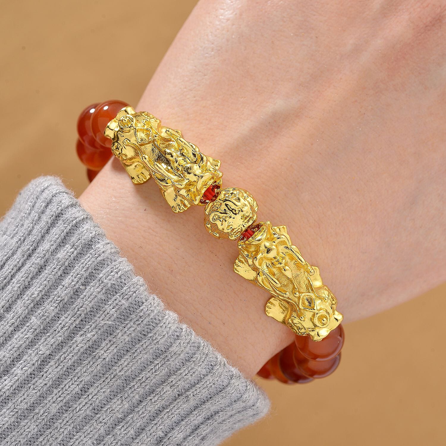 Red Agate Beads & Pixiu Bracelet (Size 7 Streachable) in Yellow Gold Plated 150.00 Ct.