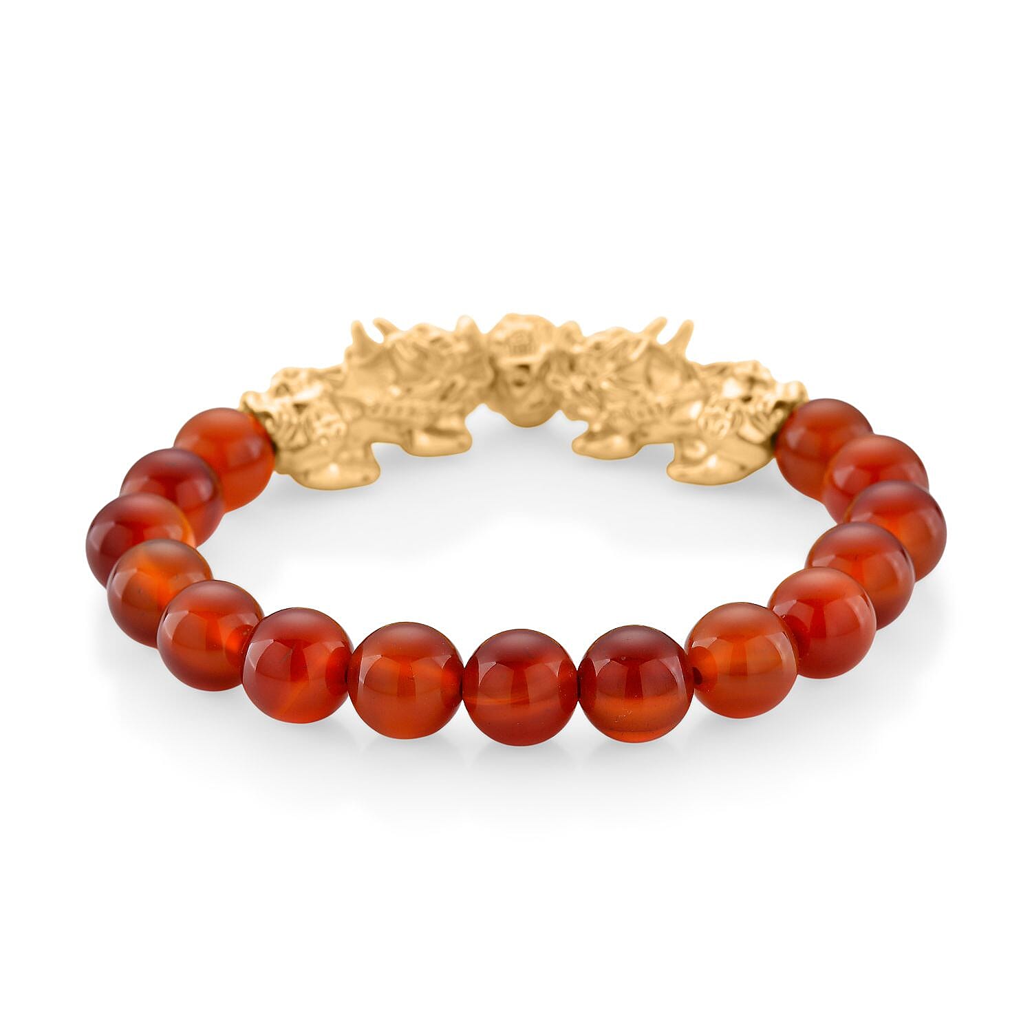Red Agate Beads & Pixiu Bracelet (Size 7 Streachable) in Yellow Gold Plated 150.00 Ct.