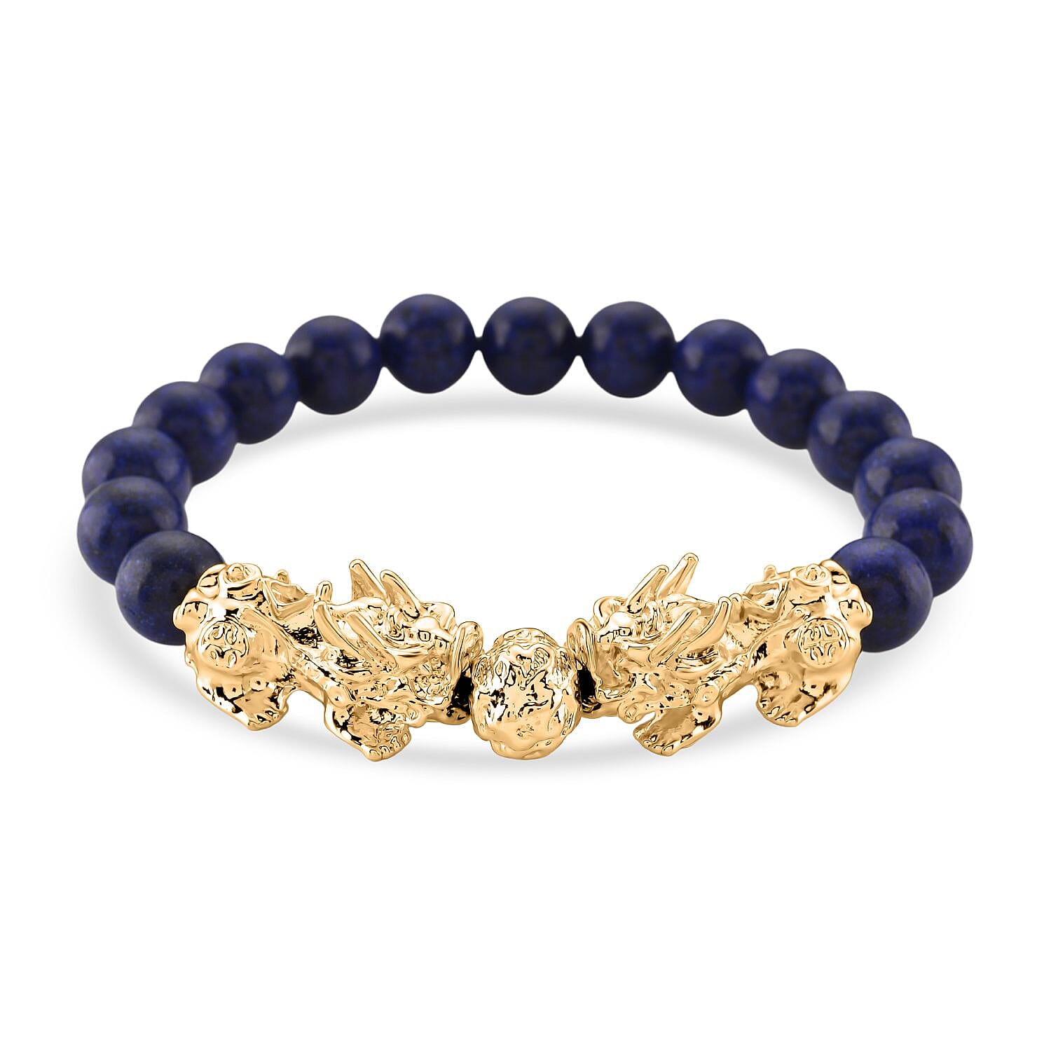 Lapis Lazuli Beads & Pixiu Bracelet (Size 7 Streachable) in Yellow Gold Plated 150.00 Ct.