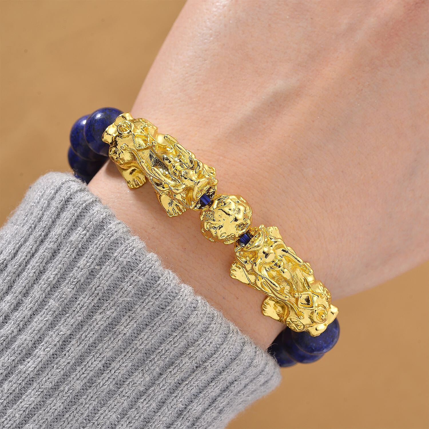Lapis Lazuli Beads & Pixiu Bracelet (Size 7 Streachable) in Yellow Gold Plated 150.00 Ct.