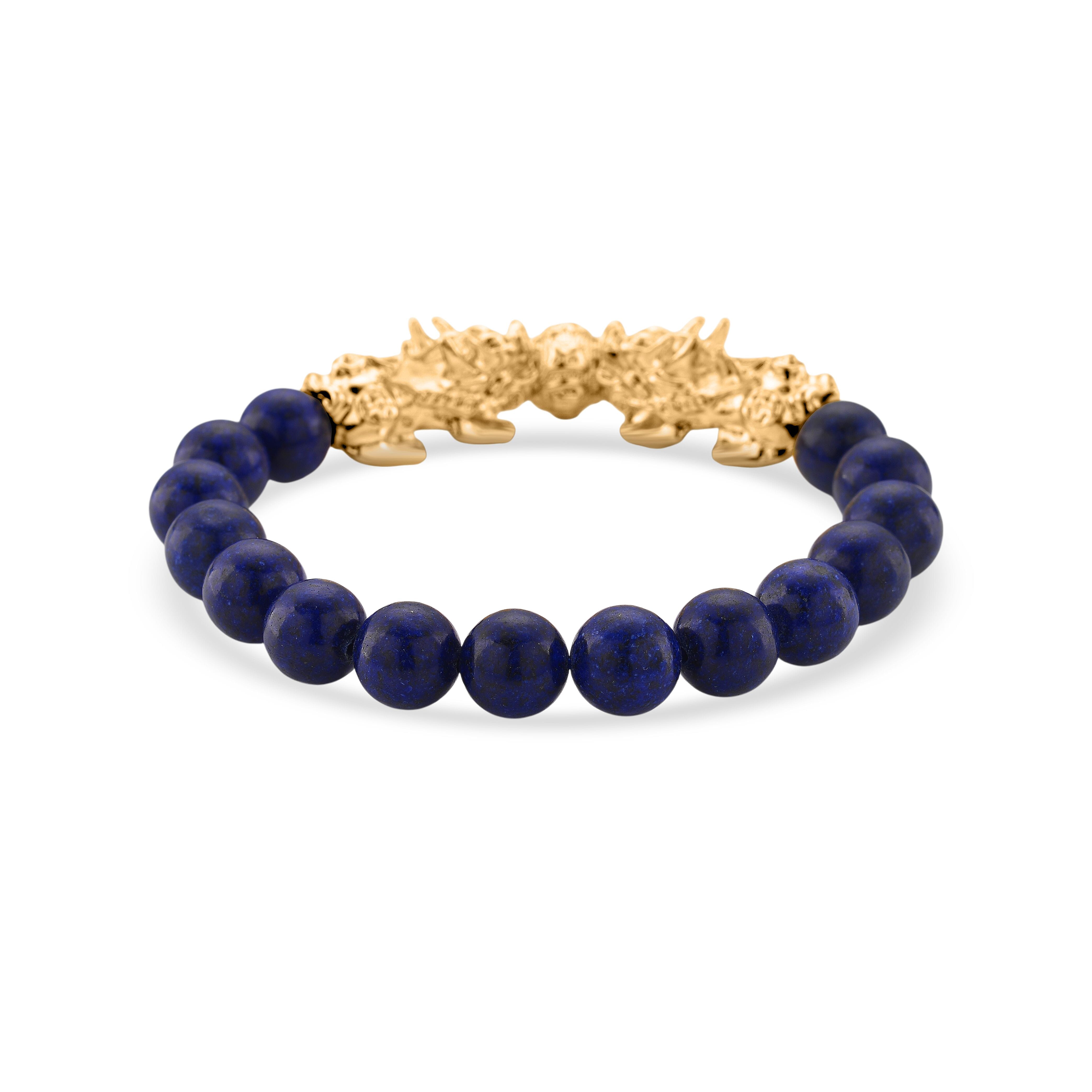 Lapis Lazuli Beads & Pixiu Bracelet (Size 7 Streachable) in Yellow Gold Plated 150.00 Ct.