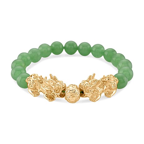Green Aventurine Beads & Pixiu Bracelet (Size 7 Streachable) in Yellow Gold Plated 150.00 Ct.