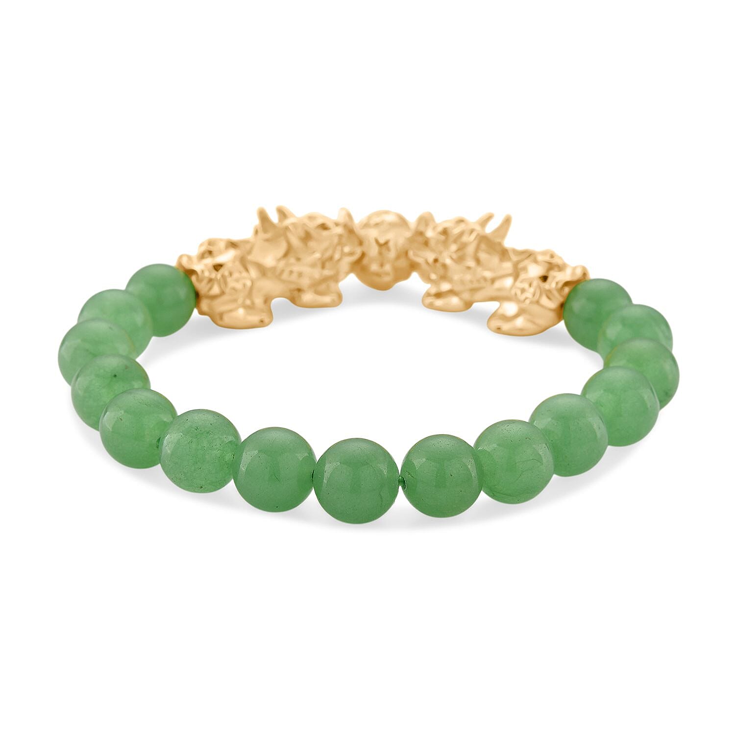 Green Aventurine Beads & Pixiu Bracelet (Size 7 Streachable) in Yellow Gold Plated 150.00 Ct.
