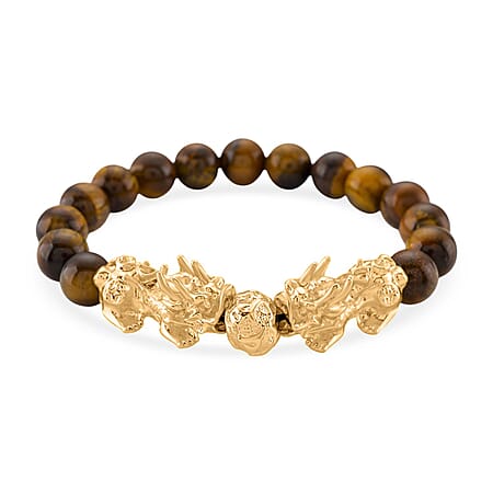 Tigers Eye Beads, Pixiu Bracelet (Size 7 Stretchable) in Yellow Gold Tone 150.00 Ct.