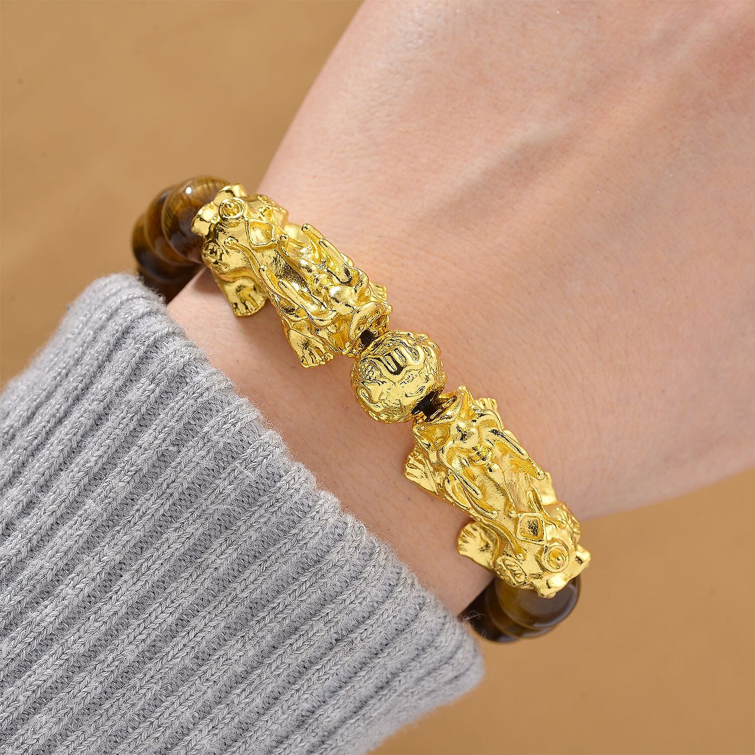 Tigers Eye Beads & Pixiu Bracelet (Size 7 Streachable) in Yellow Gold Plated 150.00 Ct.
