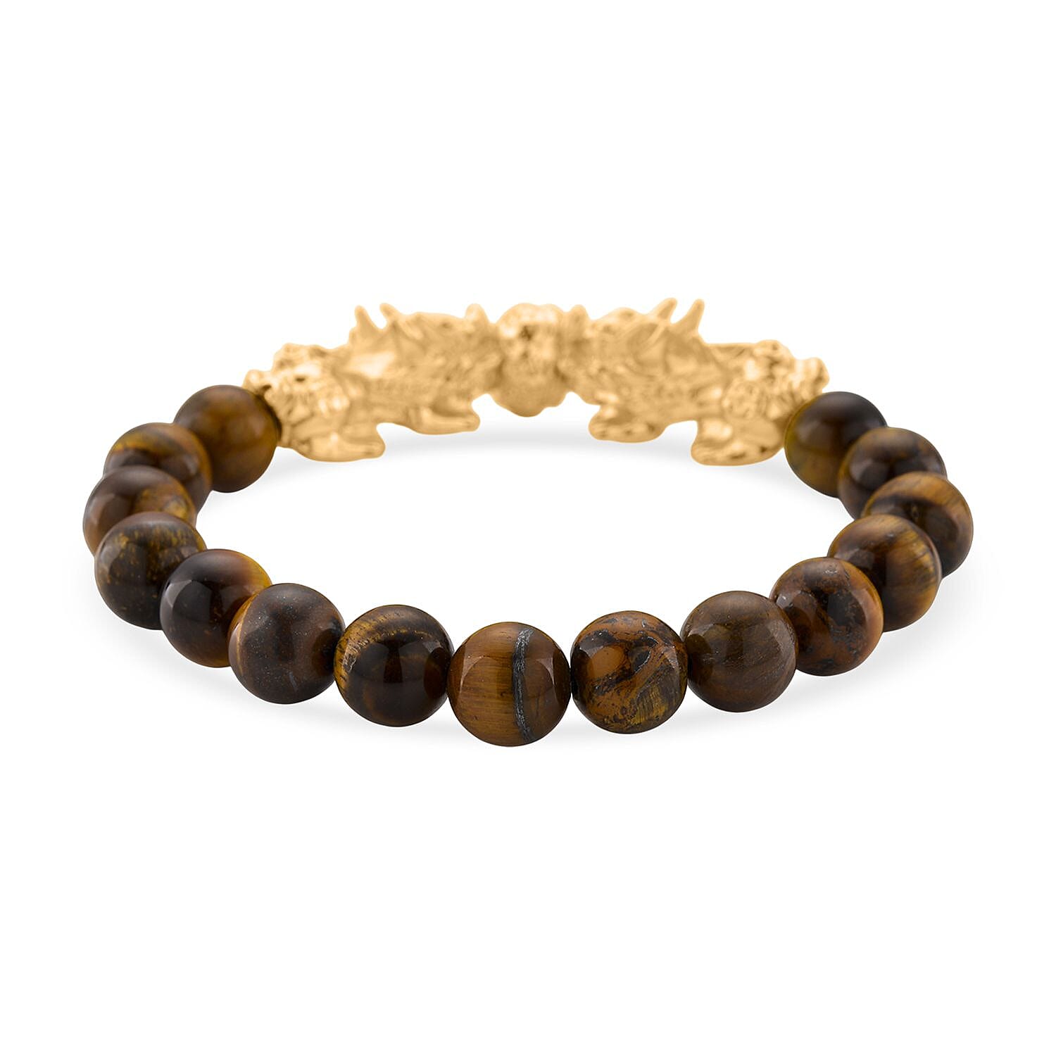 Tigers Eye Beads & Pixiu Bracelet (Size 7 Streachable) in Yellow Gold Plated 150.00 Ct.