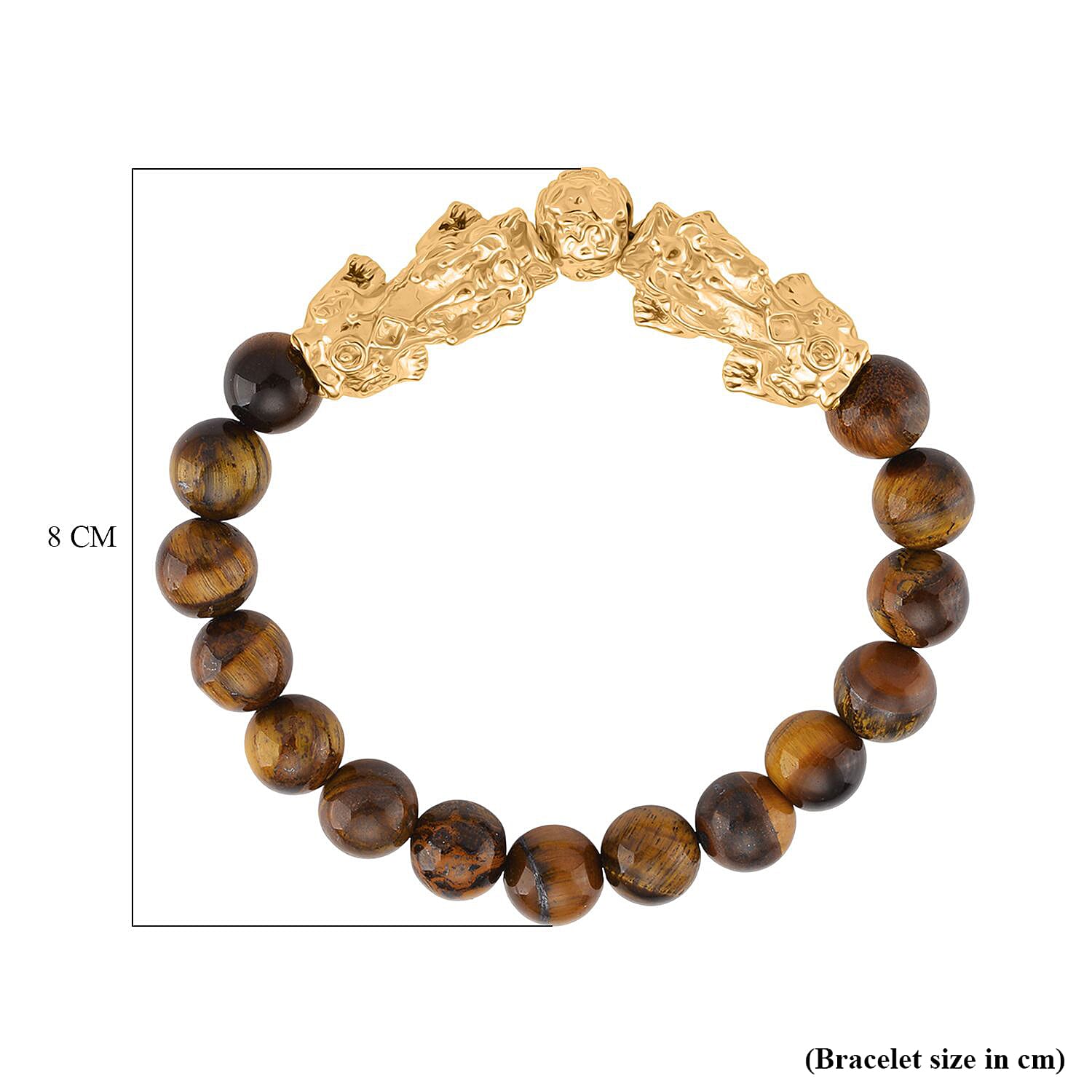 Tigers Eye Beads & Pixiu Bracelet (Size 7 Streachable) in Yellow Gold Plated 150.00 Ct.