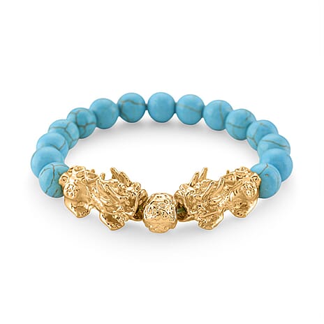 Blue Howlite Beads & Pixiu Bracelet (Size 7 Streachable) in Yellow Gold Plated 150.00 Ct.