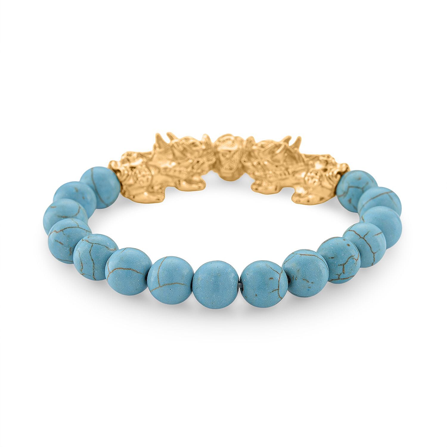 Blue Howlite Beads & Pixiu Bracelet (Size 7 Streachable) in Yellow Gold Plated 150.00 Ct.
