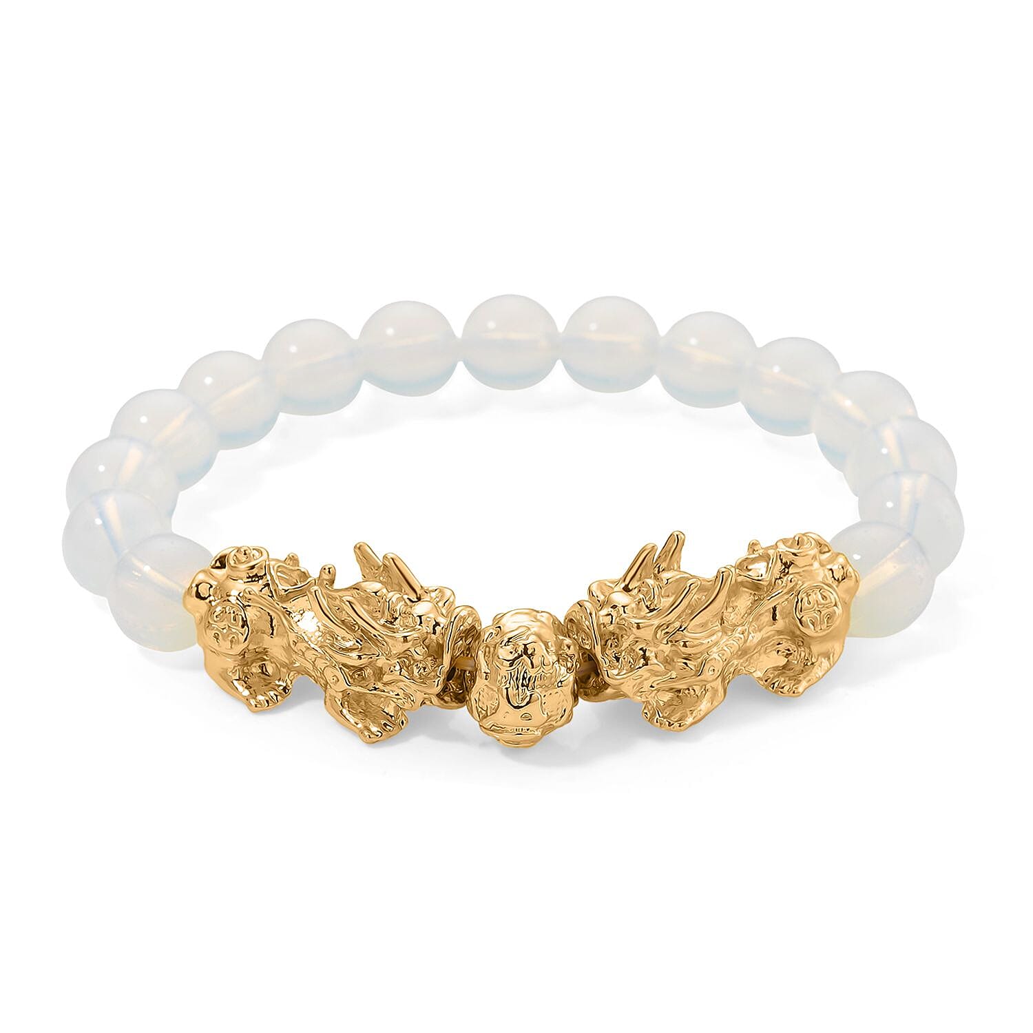 Opalite Beads & Pixiu Bracelet (Size 7 Streachable) in Yellow Gold Plated 150.00 Ct.