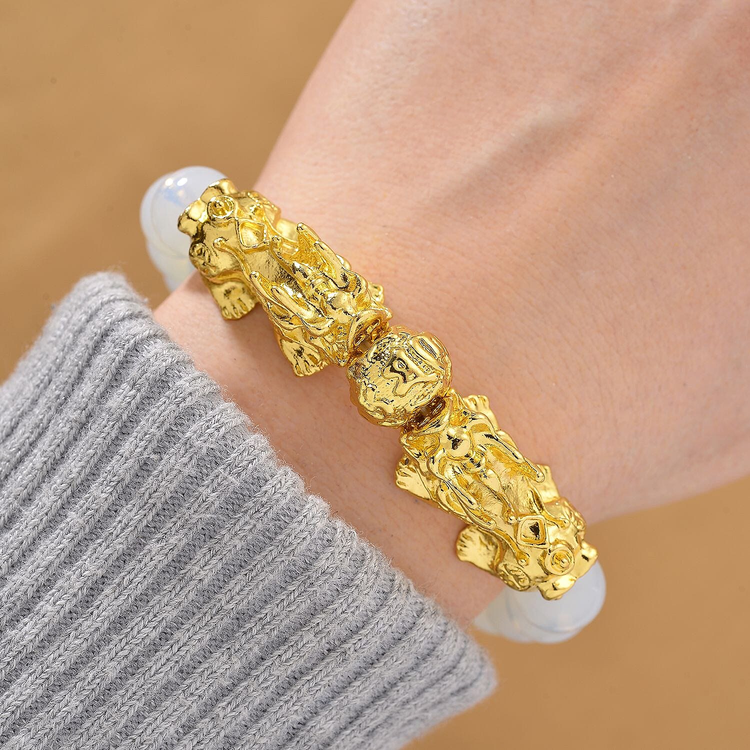 Opalite Beads & Pixiu Bracelet (Size 7 Streachable) in Yellow Gold Plated 150.00 Ct.