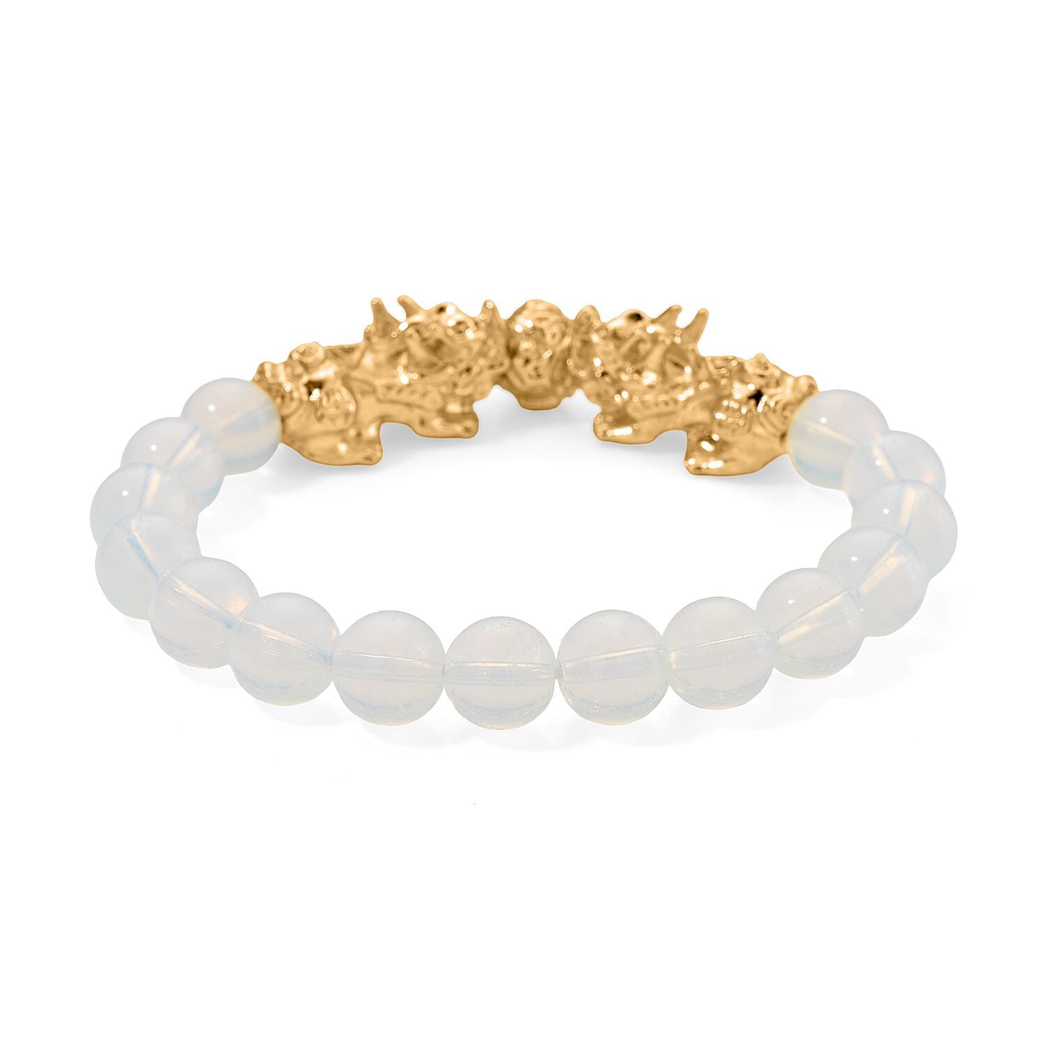 Opalite Beads & Pixiu Bracelet (Size 7 Streachable) in Yellow Gold Plated 150.00 Ct.