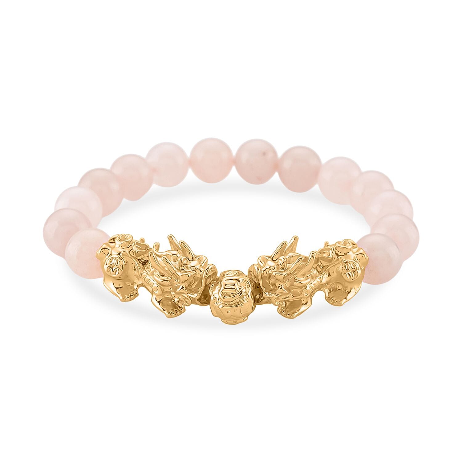 Rose Quartz Beads & Pixiu Bracelet (Size 7 Stretchable) in Yellow Gold Plated 150.00 Ct.