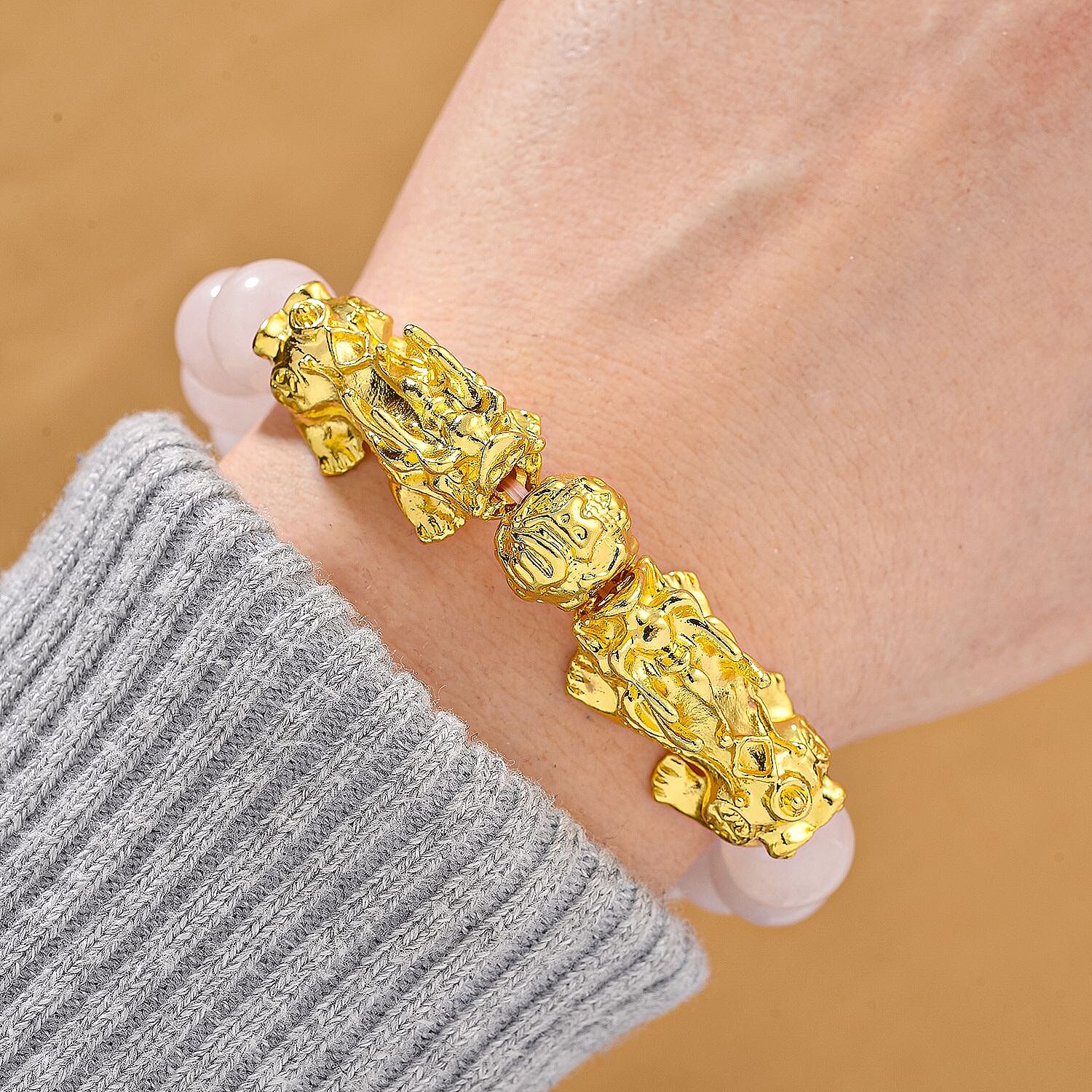 Rose Quartz Beads & Pixiu Bracelet (Size 7 Stretchable) in Yellow Gold Plated 150.00 Ct.