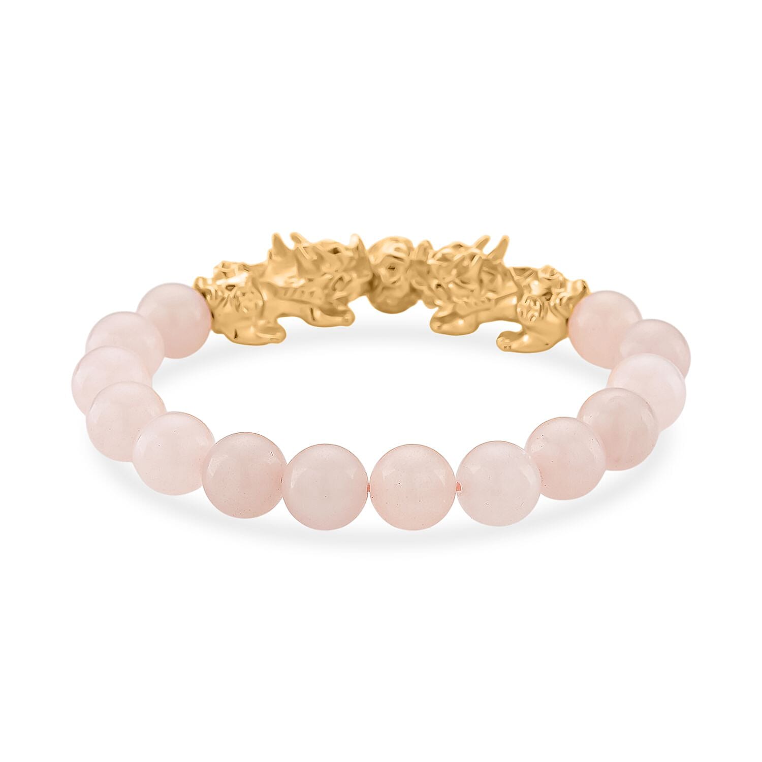 Rose Quartz Beads & Pixiu Bracelet (Size 7 Stretchable) in Yellow Gold Plated 150.00 Ct.