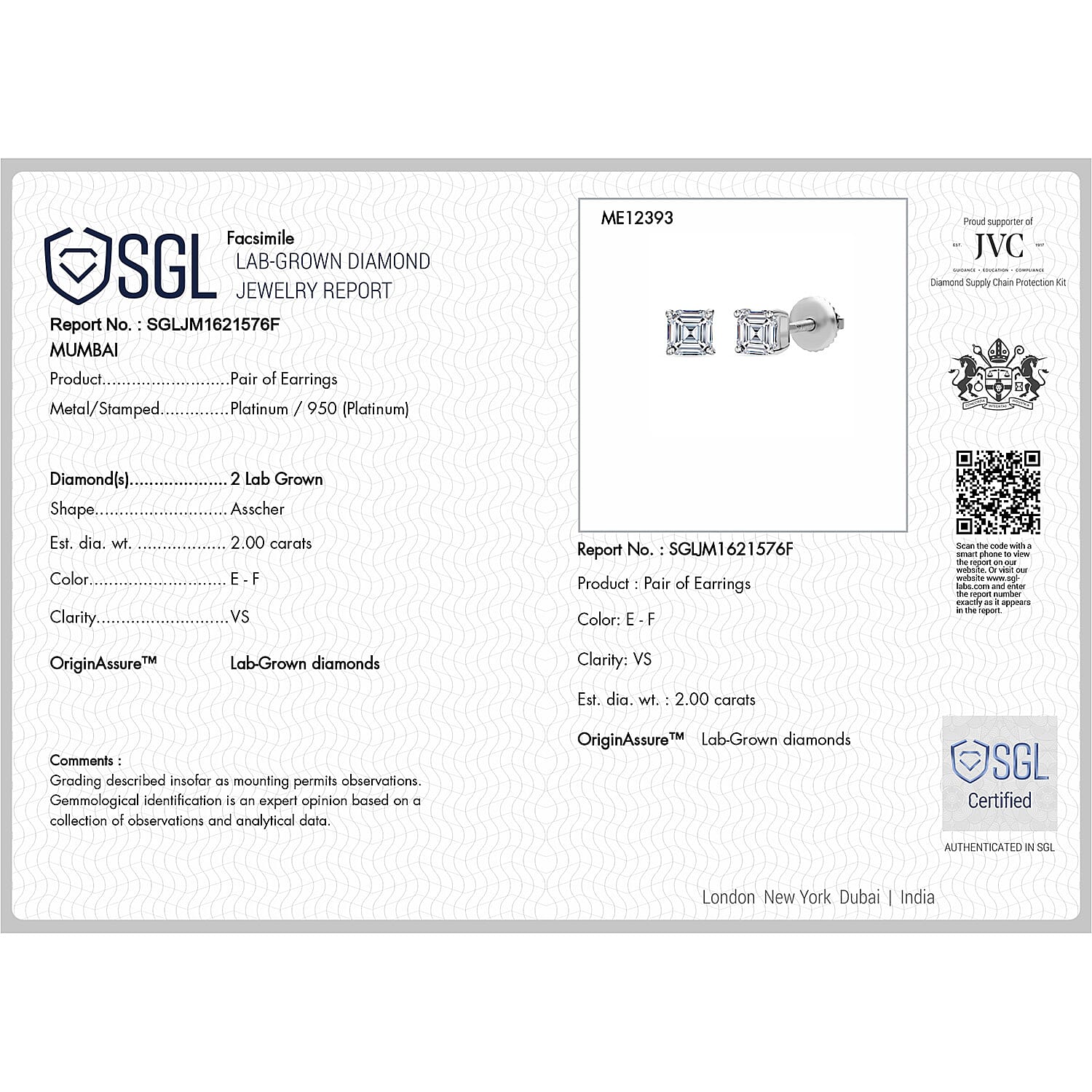 Luxuriant Diamond 950 Platinum VS Lab Grown Diamond EF, VS Earring, Platinum Wt.1.5 Gms 2.000 Ct. Luxuriant Diamond 950 Platinum VS Lab Grown Diamond EF, VS Earring, Platinum Wt.1.5 Gms 2.000 Ct.