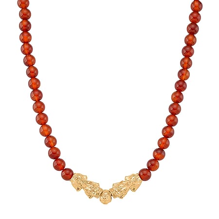 Red Agate Beads, Pixiu Necklace (Size 18 - 2 Ext) in Yellow Goldtone 330.00 Ct.