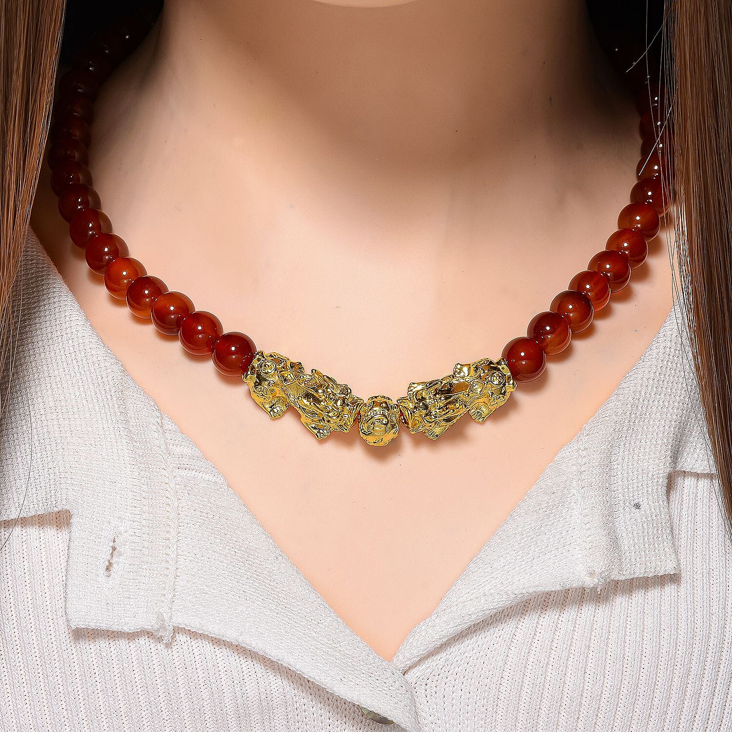 Red Agate Beads & Pixiu Necklace (Size 18 - 2 Ext) in Yellow Gold Plated 330.00 Ct.