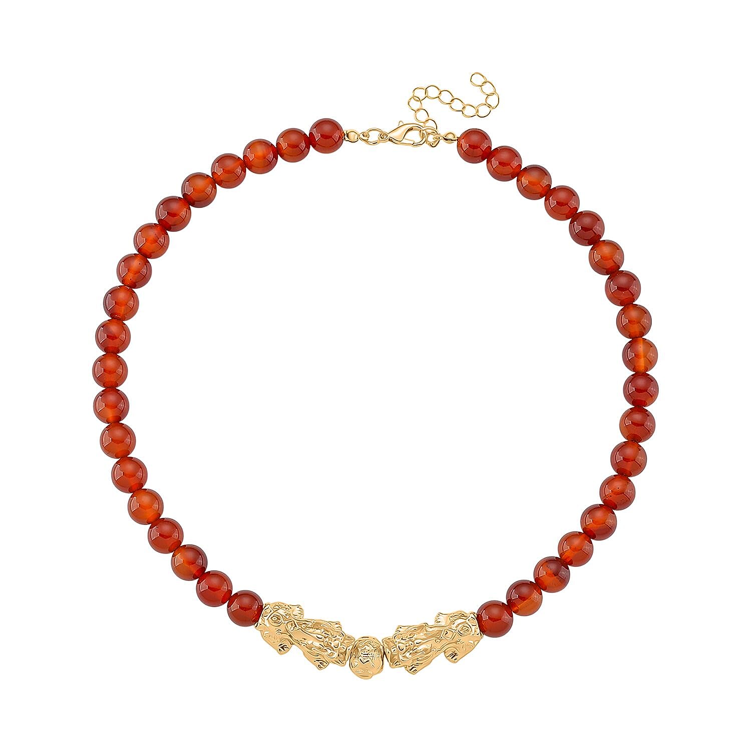 Red Agate Beads & Pixiu Necklace (Size 18 - 2 Ext) in Yellow Gold Plated 330.00 Ct.