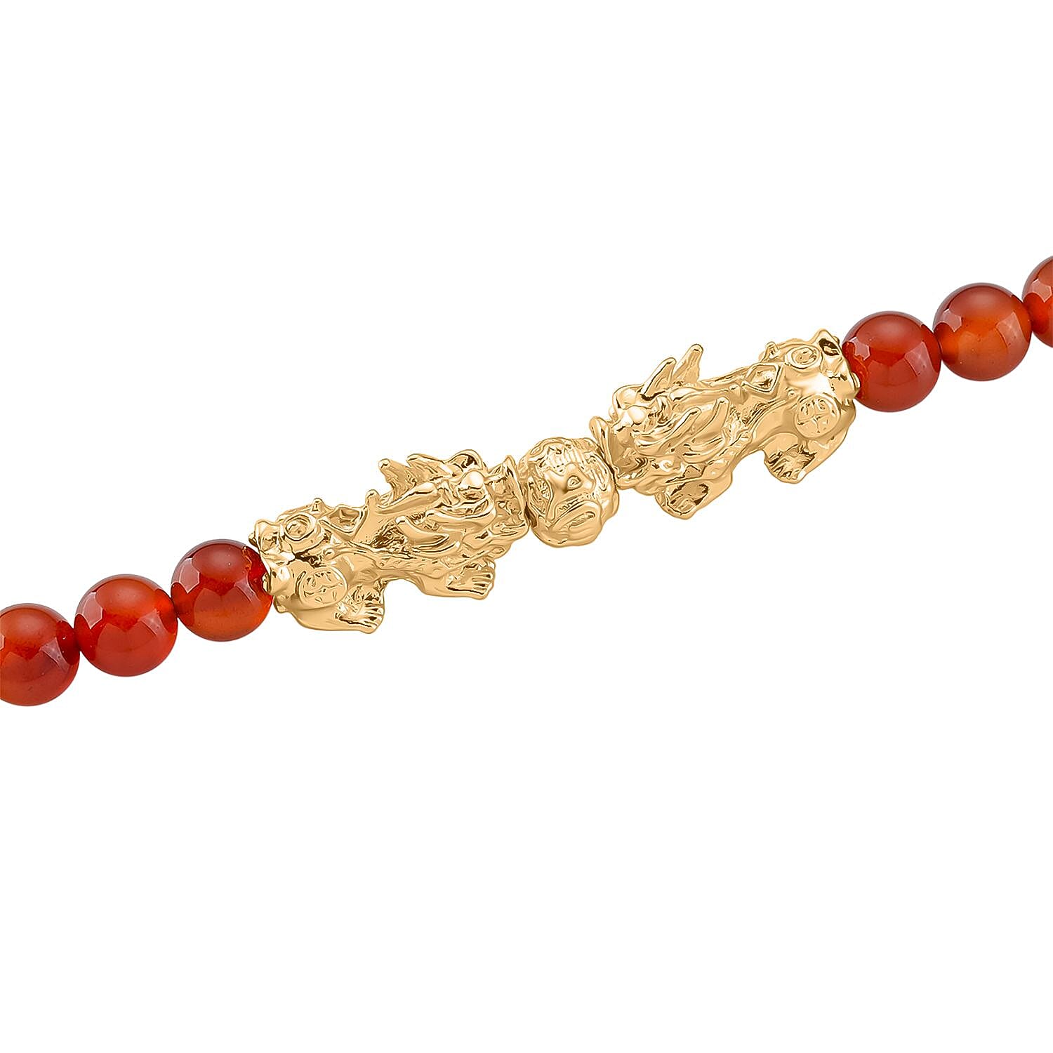Red Agate Beads & Pixiu Necklace (Size 18 - 2 Ext) in Yellow Gold Plated 330.00 Ct.