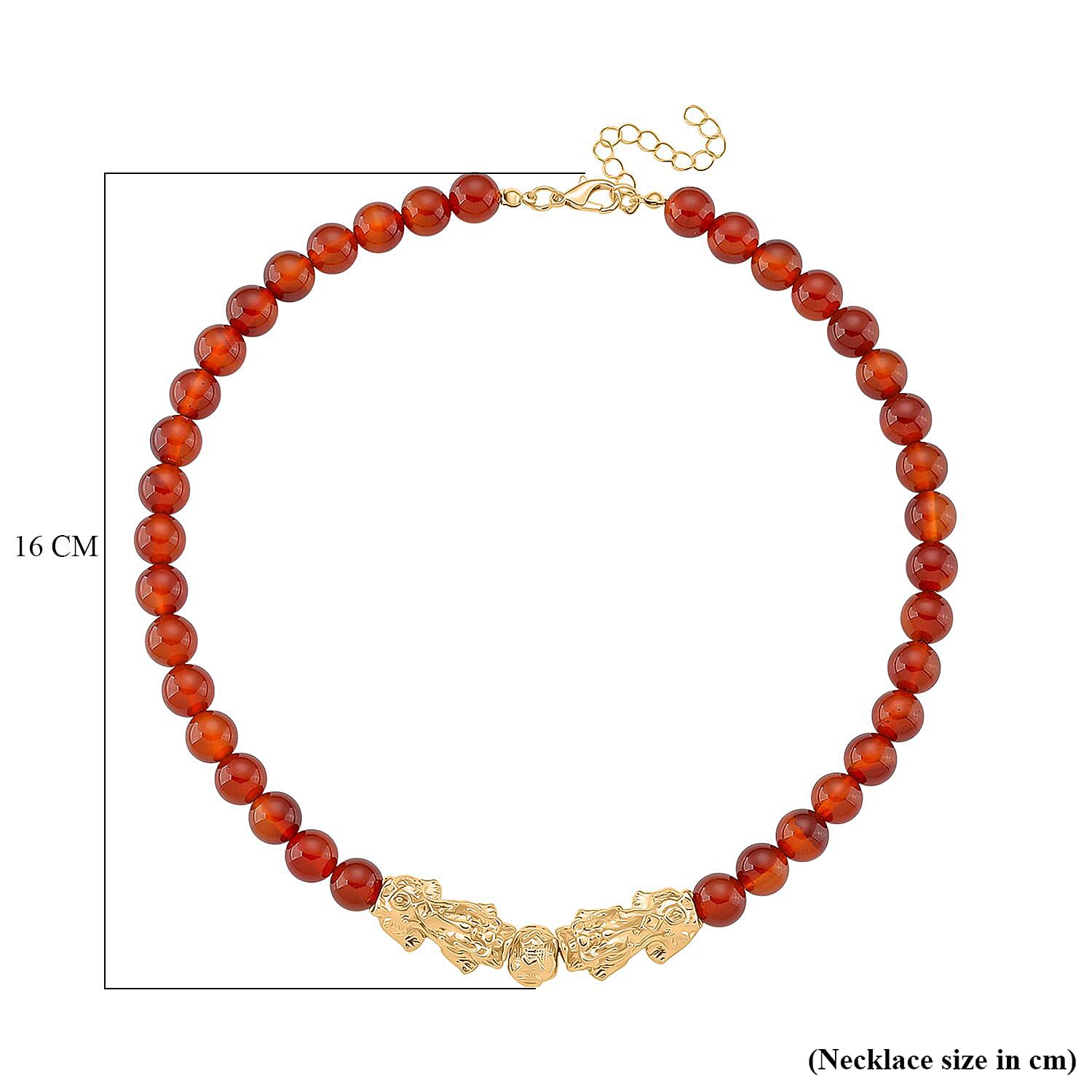 Red Agate Beads & Pixiu Necklace (Size 18 - 2 Ext) in Yellow Gold Plated 330.00 Ct.