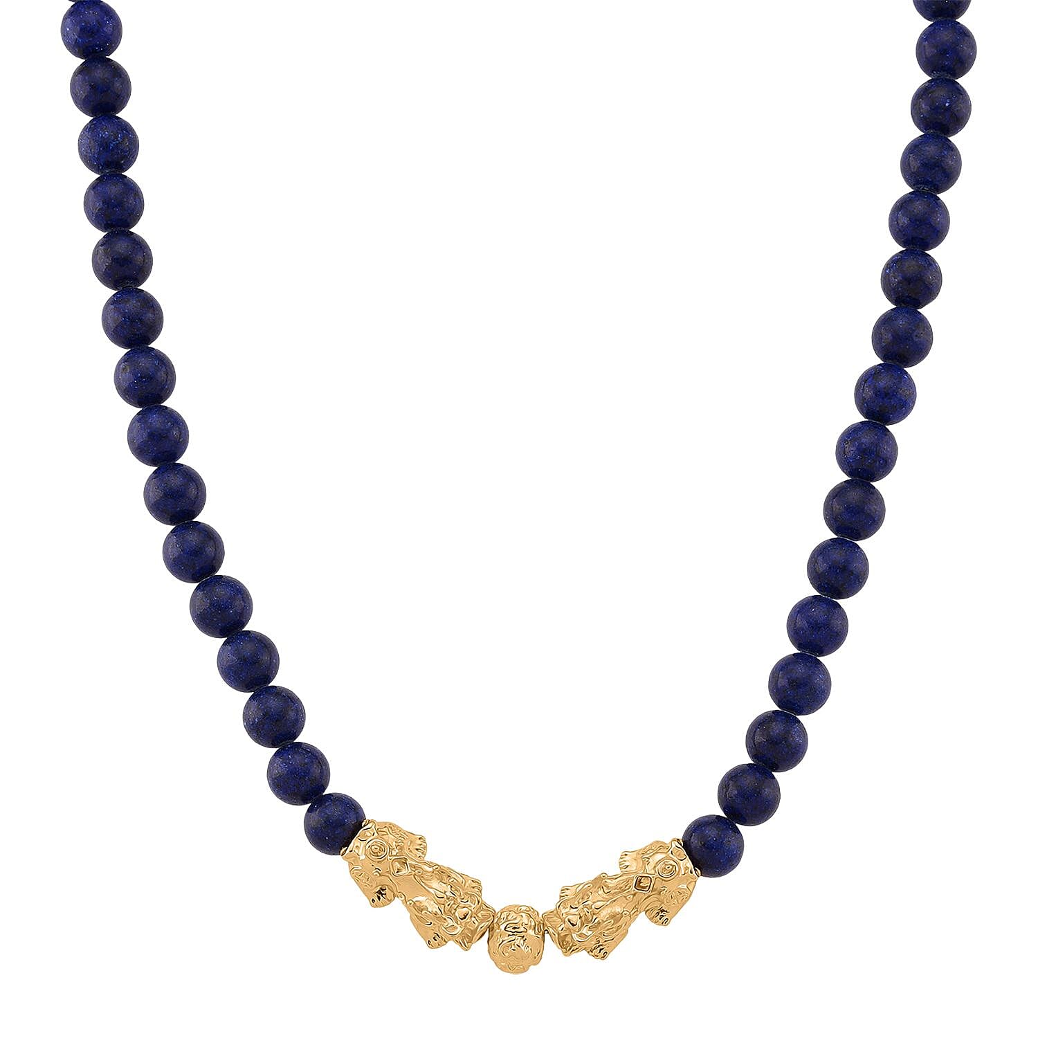 Lapis Lazuli Beads & Pixiu Necklace (Size 18 - 2 Ext) in Yellow Gold Plated 330.00 Ct.