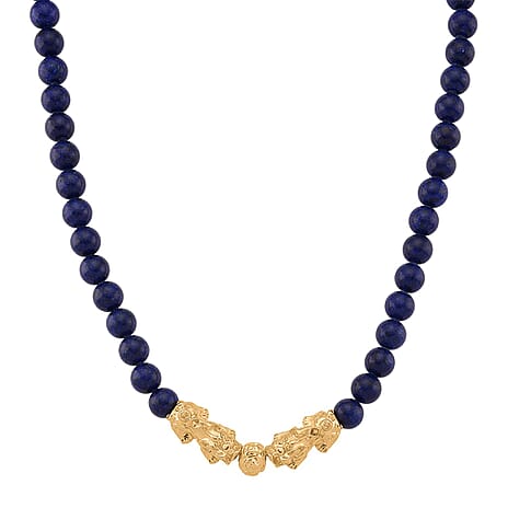 Lapis Lazuli Beads & Pixiu Necklace (Size 18 - 2 Ext) in Yellow Gold Plated 330.00 Ct.