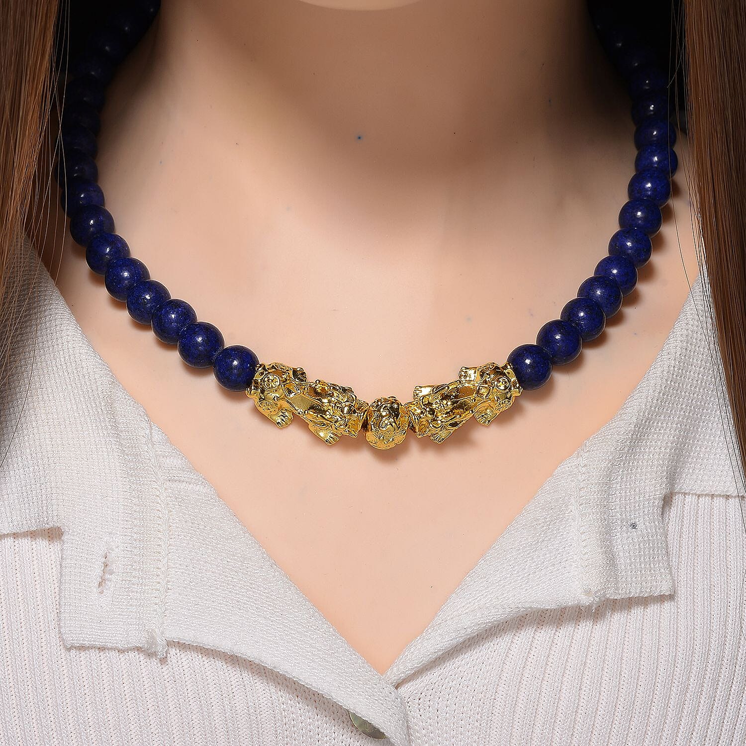 Lapis Lazuli Beads & Pixiu Necklace (Size 18 - 2 Ext) in Yellow Gold Plated 330.00 Ct.