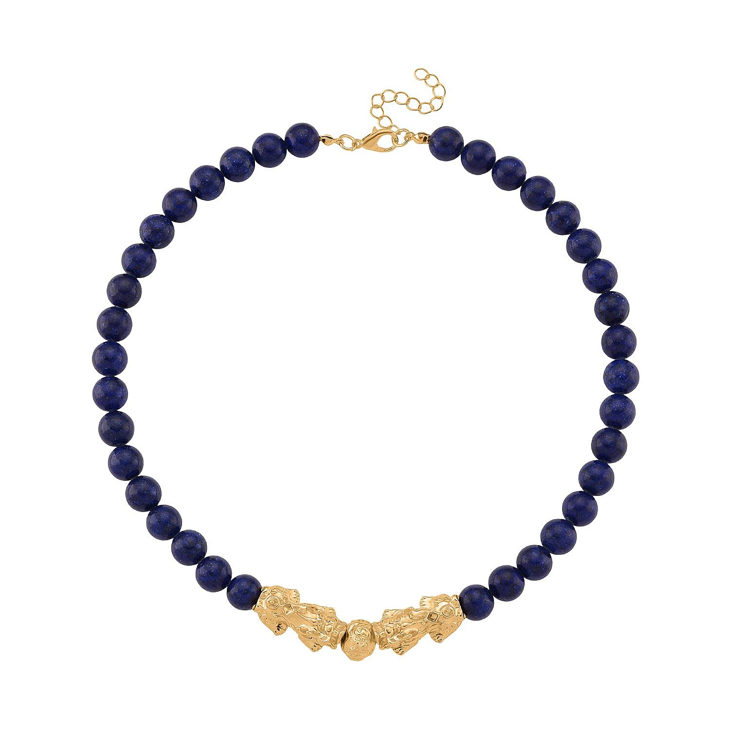 Lapis Lazuli Beads & Pixiu Necklace (Size 18 - 2 Ext) in Yellow Gold Plated 330.00 Ct.