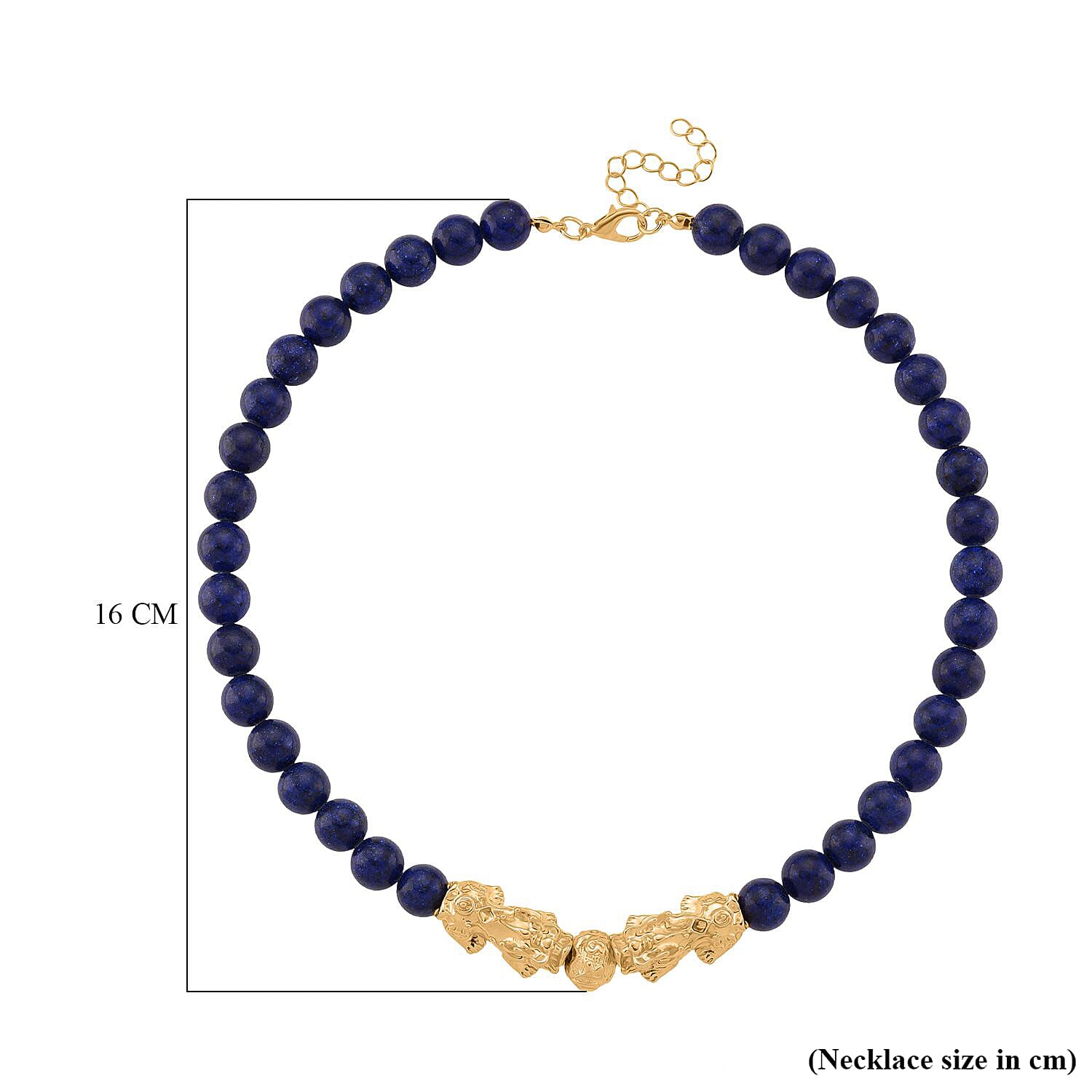 Lapis Lazuli Beads & Pixiu Necklace (Size 18 - 2 Ext) in Yellow Gold Plated 330.00 Ct.