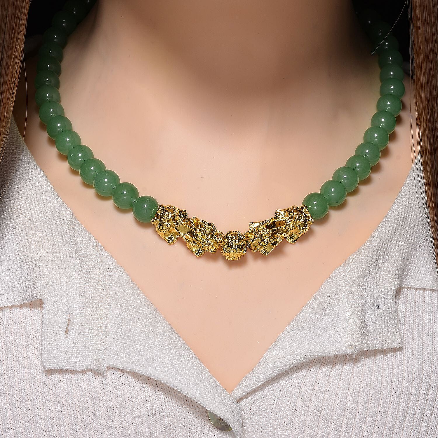 Green Aventurine Beads & Pixiu Necklace (Size 18 - 2 Ext) in Yellow Gold Plated 330.00 Ct.