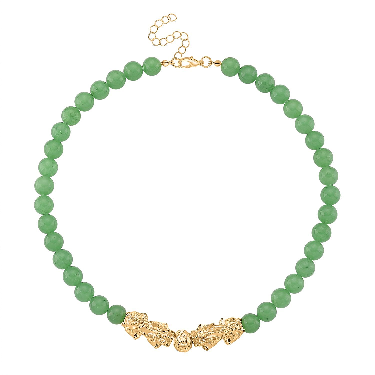 Green Aventurine Beads & Pixiu Necklace (Size 18 - 2 Ext) in Yellow Gold Plated 330.00 Ct.
