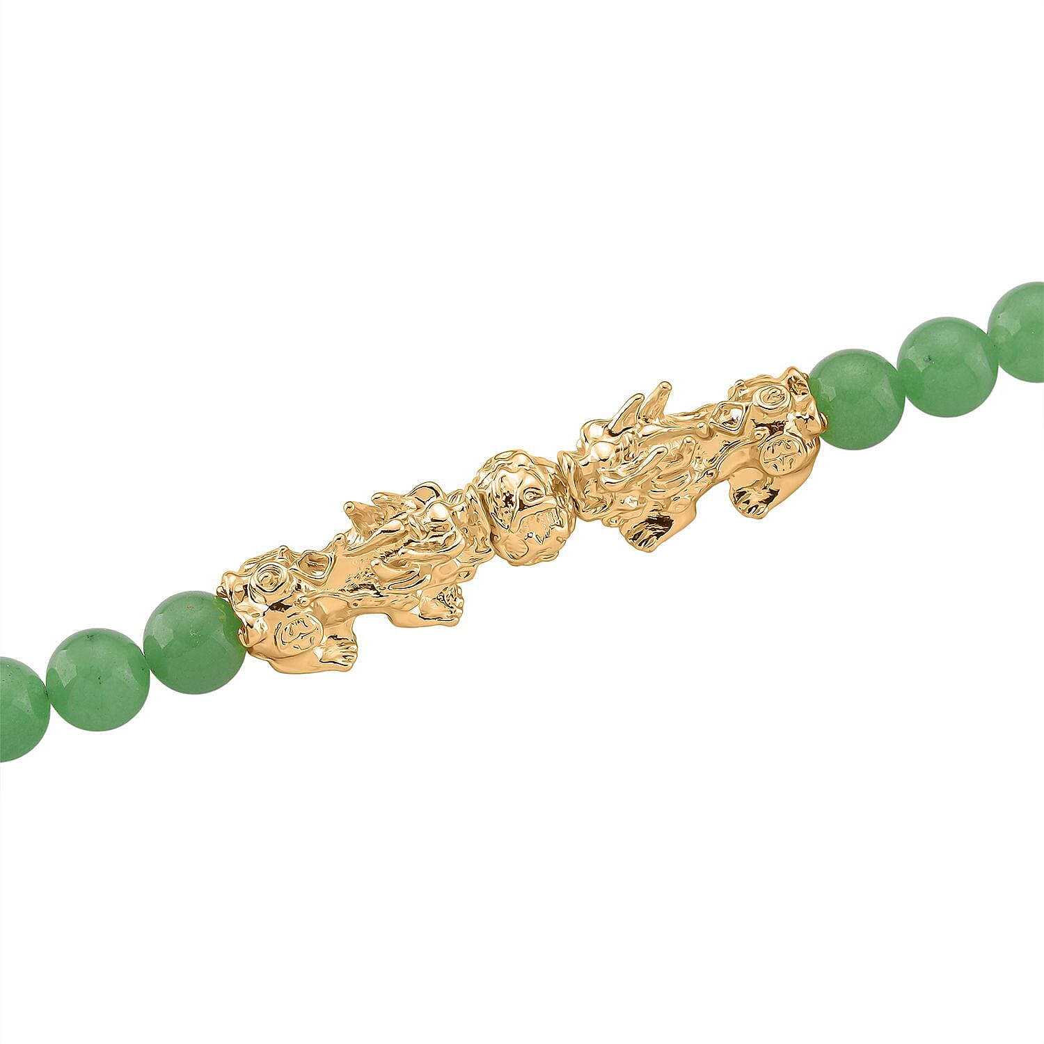Green Aventurine Beads & Pixiu Necklace (Size 18 - 2 Ext) in Yellow Gold Plated 330.00 Ct.