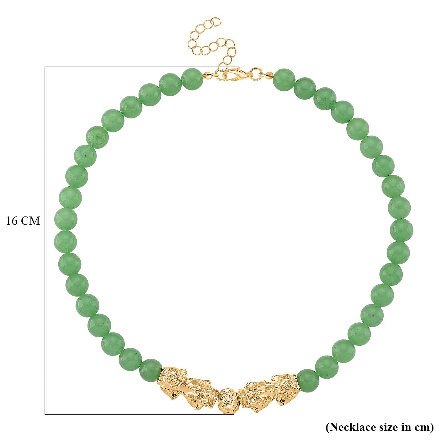 Green Aventurine Beads & Pixiu Necklace (Size 18 - 2 Ext) in Yellow Gold Plated 330.00 Ct.